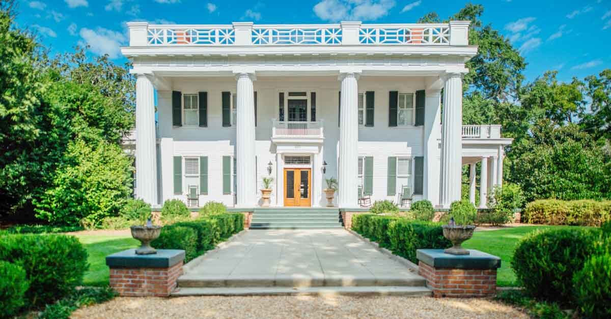Front view of the Joshua Hill House, a prime example of Neoclassical architecture