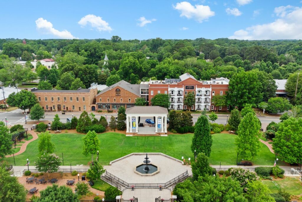 Aerial view of Town Park fountain and pavilion in Madison, GA.